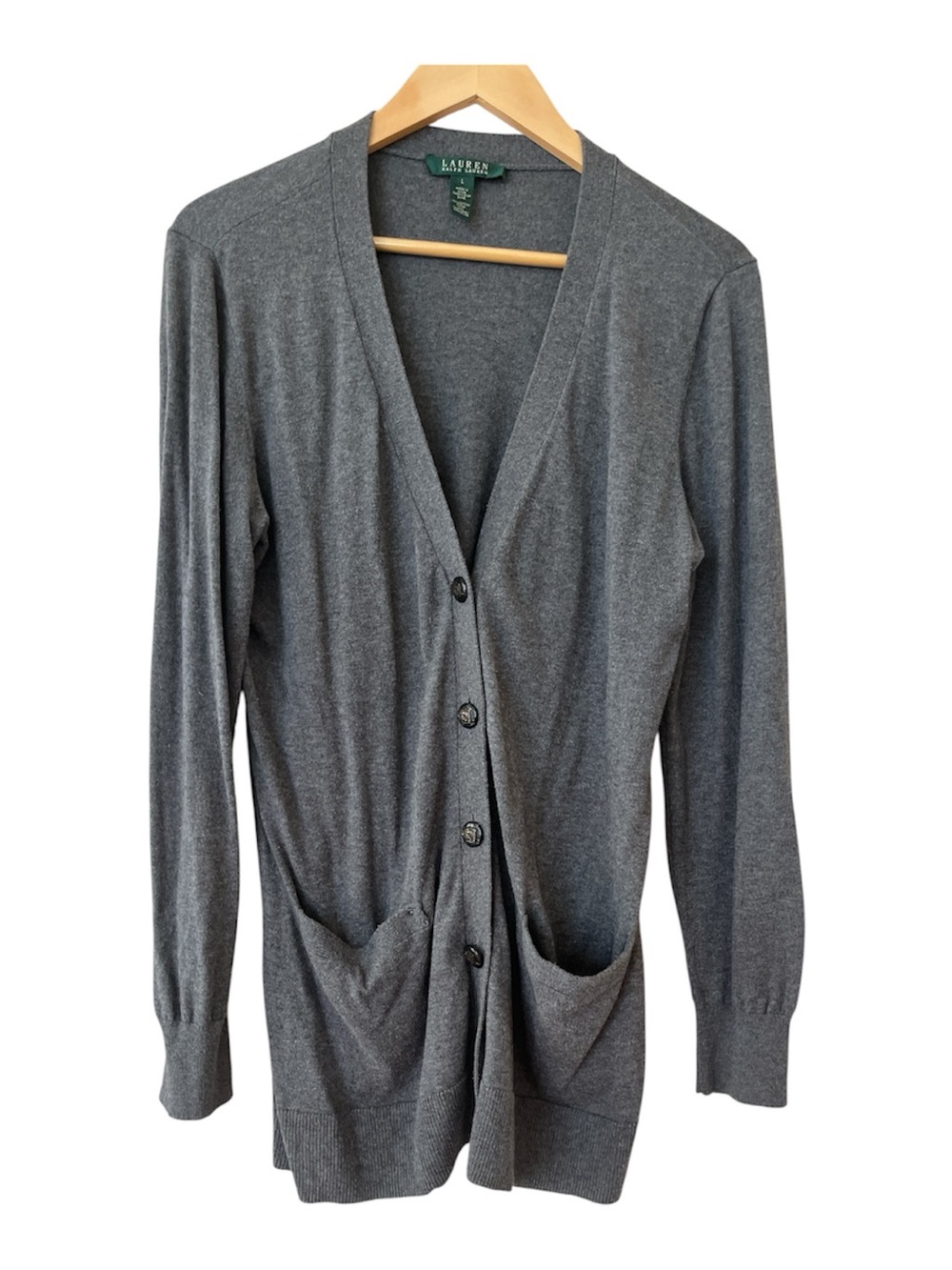 Lauren Ralph Lauren Charcoal Gray V-Neck Button Cardigan